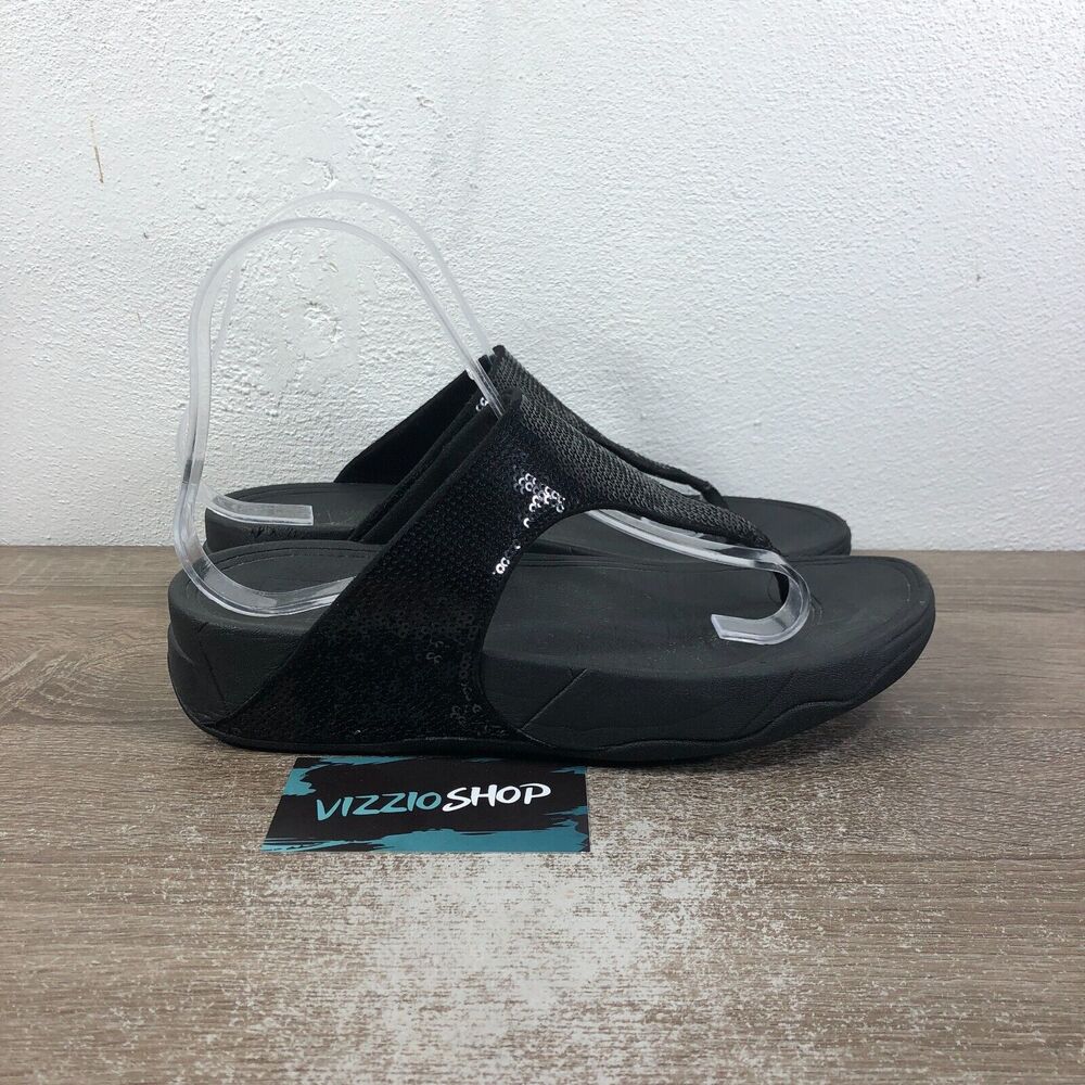 FitFlop Electra Sequin Toe-Post Black Thong Sandals Women's 7 A18-001
